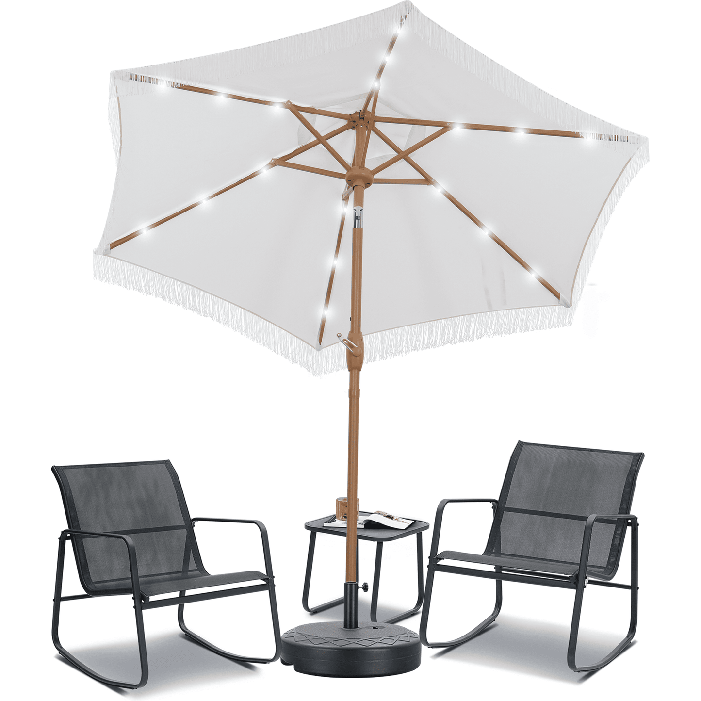 Autlaycil 5 Pcs Patio Outdoor Furniture Sets Contains 2 Textilene Fabric Rocking Bistro Chairs, a Table, a 7.5 ft Fringe Solar Umbrella with Button Tilt and a Umbrella Base, Whitw