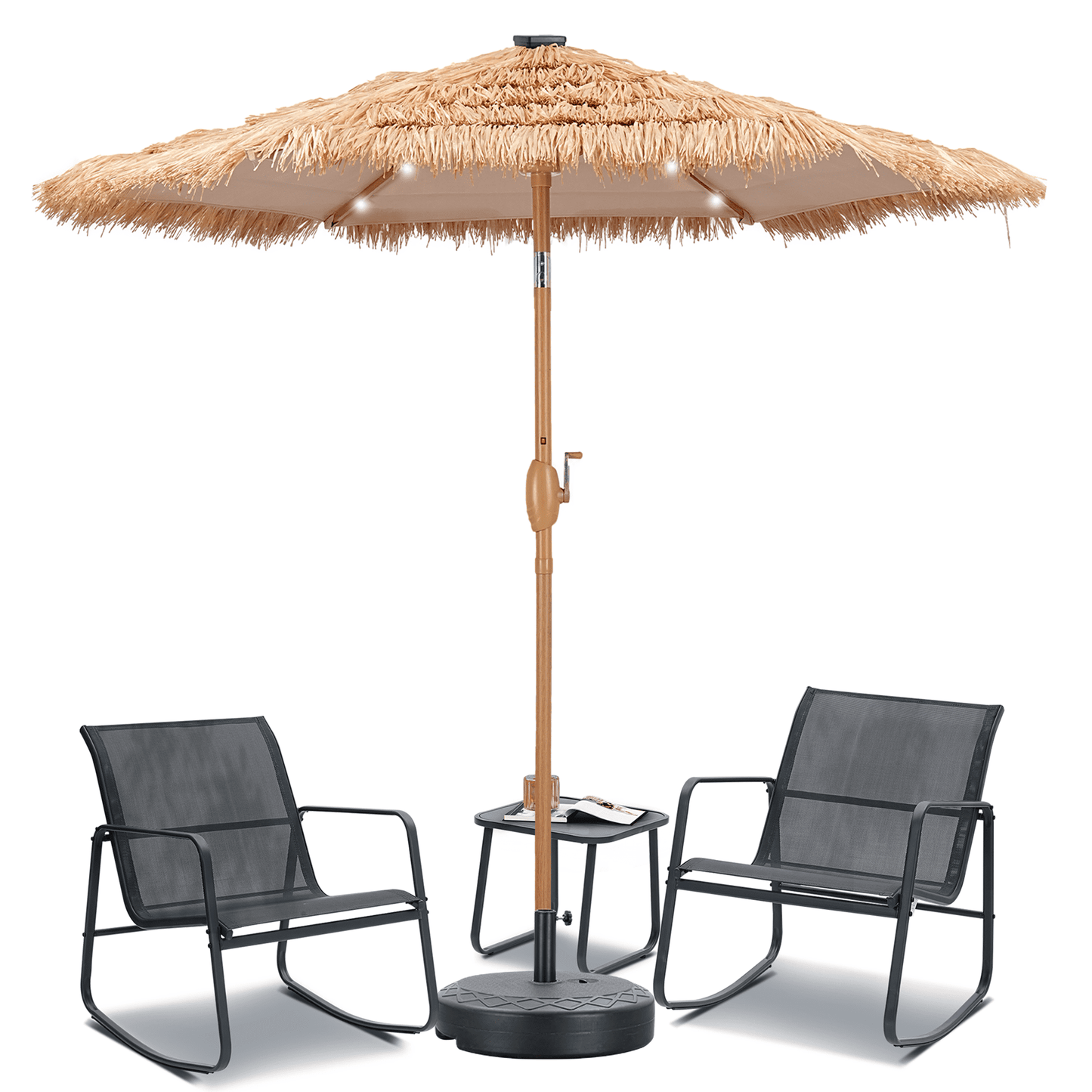 Autlaycil 5 Pcs Patio Outdoor Furniture Sets Contains 2 Textilene Fabric Rocking Bistro Chairs, a Table, a 7.5ft Tiki Thatched Solar Umbrella with Button Tilt and a Umbrella Base