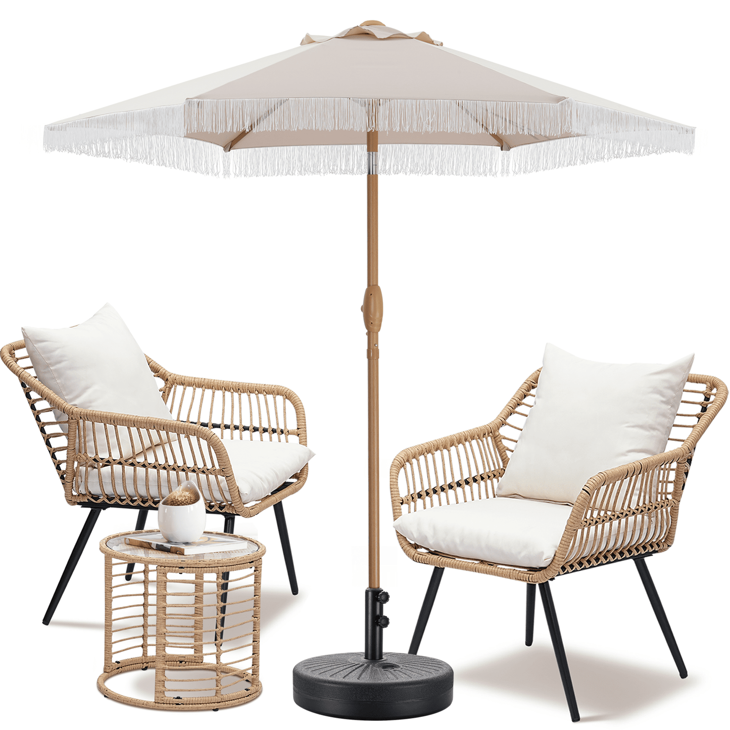Autlaycil 7.5 ft Fringe Patio Umbrella and Umbrella Base and 3 Piece Outdoor Wicker Furniture Patio Bistro Set, Umbrella Button Tilt, Khaki