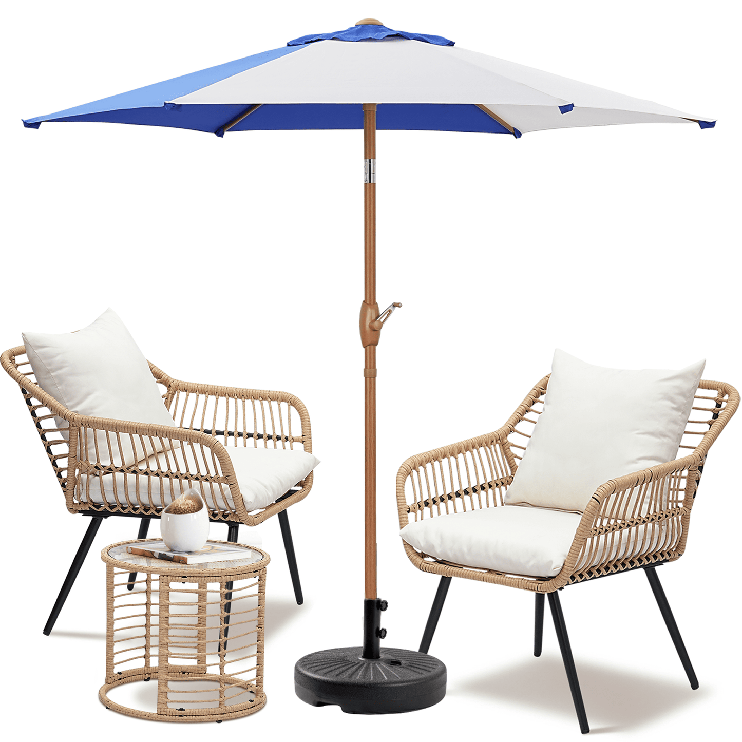 Autlaycil 7.5 ft Multicolour Patio Umbrella and Umbrella Base and 3 Piece Outdoor Wicker Furniture Patio Bistro Set, Umbrella Button Tilt, Yellow and Blue