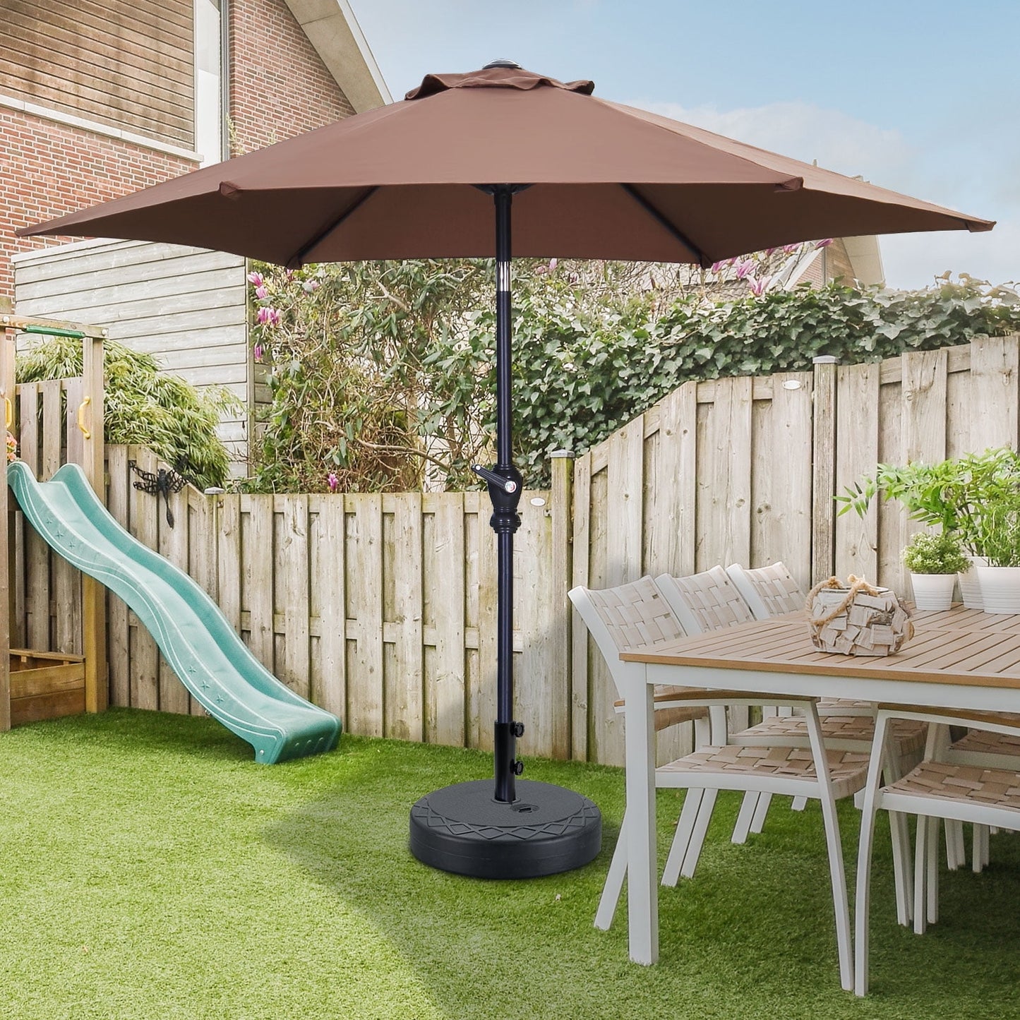 Autlaycil 7.5 ft Patio Umbrella and Umbrella Base with Tilt and Crank, Adjustable Outdoor Market Umbrellas (Coffee)