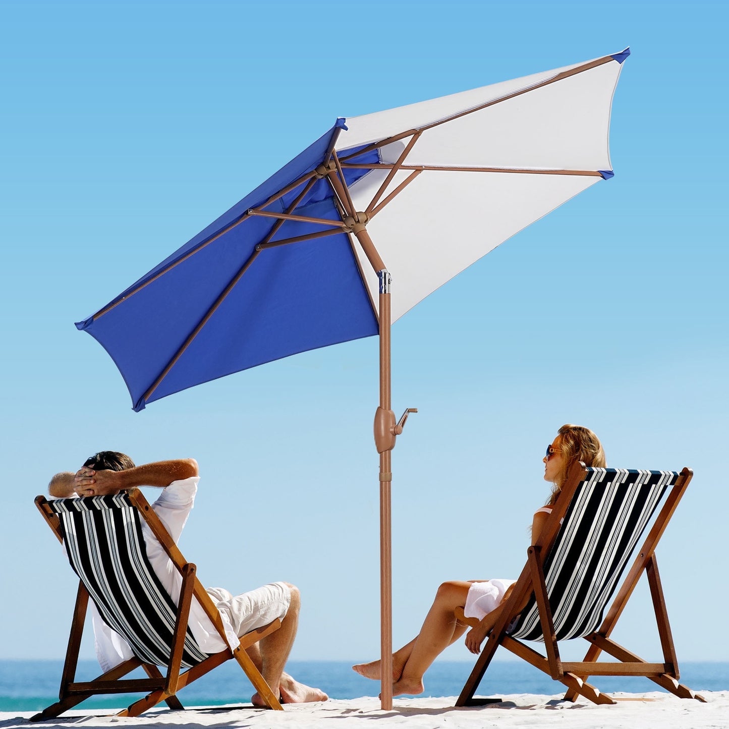 Autlaycil 7.5ft Patio Umbrella and Button Tilt Sun Shelter UV Protection Beach for Market, Beach, Patio, Pool, Garden Backyard (Blue and White)