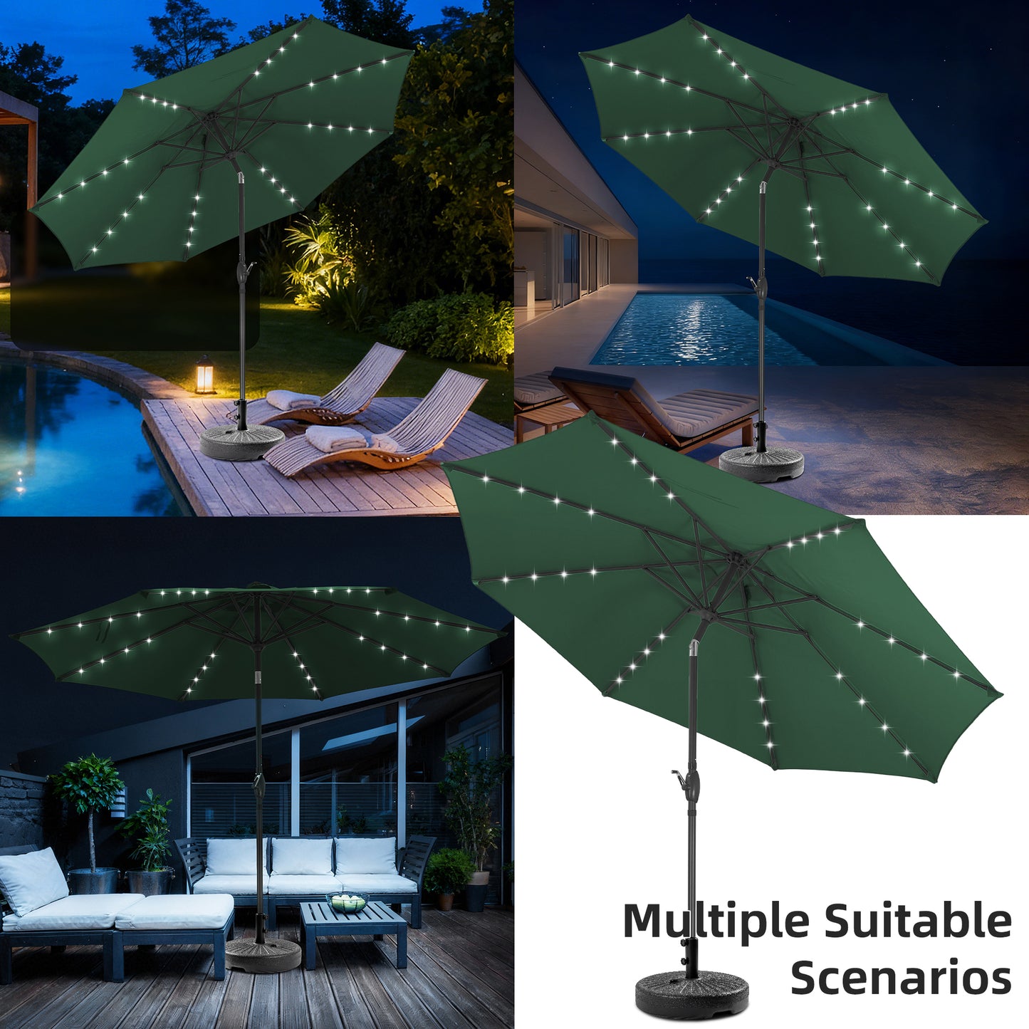Autlaycil 10 FT Patio Umbrella with Base, Steel Tilt and Crank, Includes 32 Solar LED Lights, Green