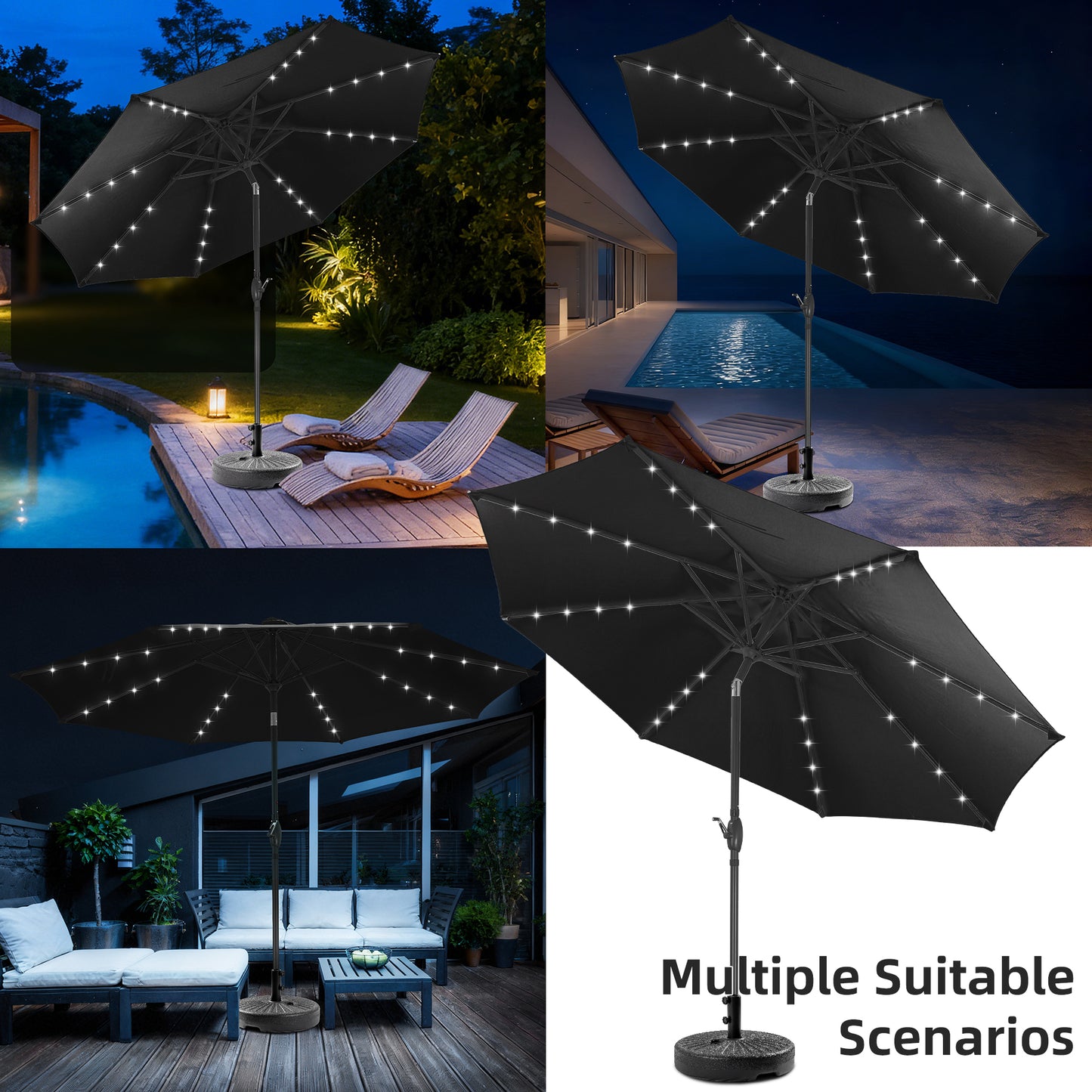 Autlaycil 10 FT Patio Umbrella with Base, Steel Tilt and Crank, Includes 32 Solar LED Lights, Dark Black