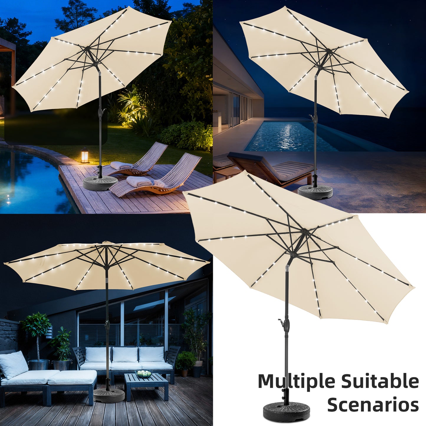 Autlaycil 10 FT Patio Umbrella with Base, Steel Tilt and Crank, Includes 32 Solar LED Lights, Khaki