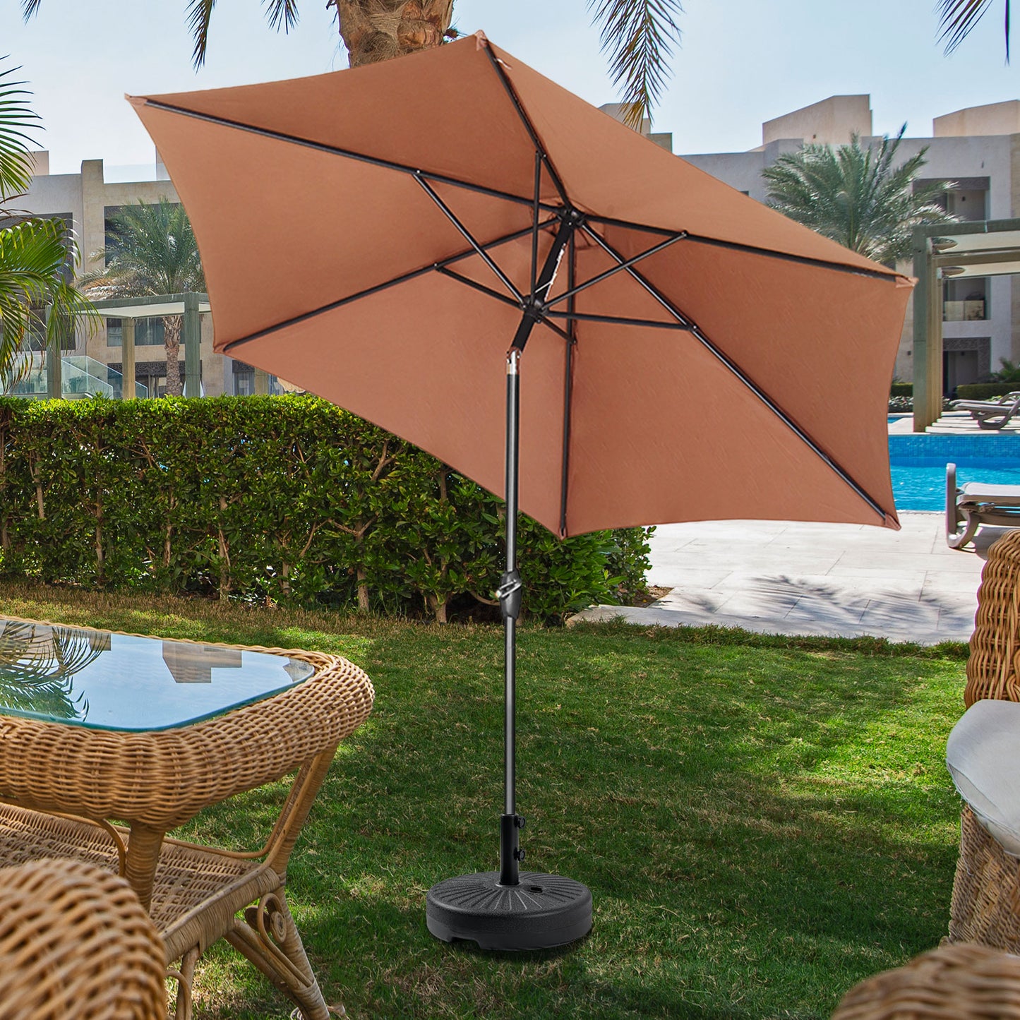 Autlaycil Patio Umbrella 9FT Outdoor Umbrella with Tilt, Crank and Umbrella Base, Adjustable Outdoor Market Umbrella for Garden, Lawn, Backyard and Pool-Coffee
