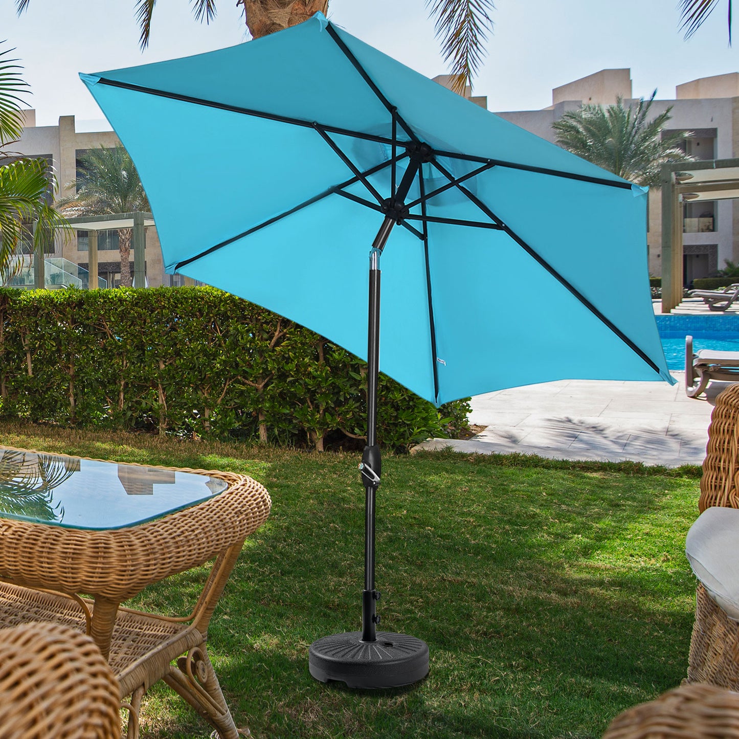 Autlaycil Patio Umbrella 9FT Outdoor Umbrella with Tilt, Crank and Umbrella Base, Adjustable Outdoor Market Umbrella for Garden, Lawn, Backyard and Pool-Blue