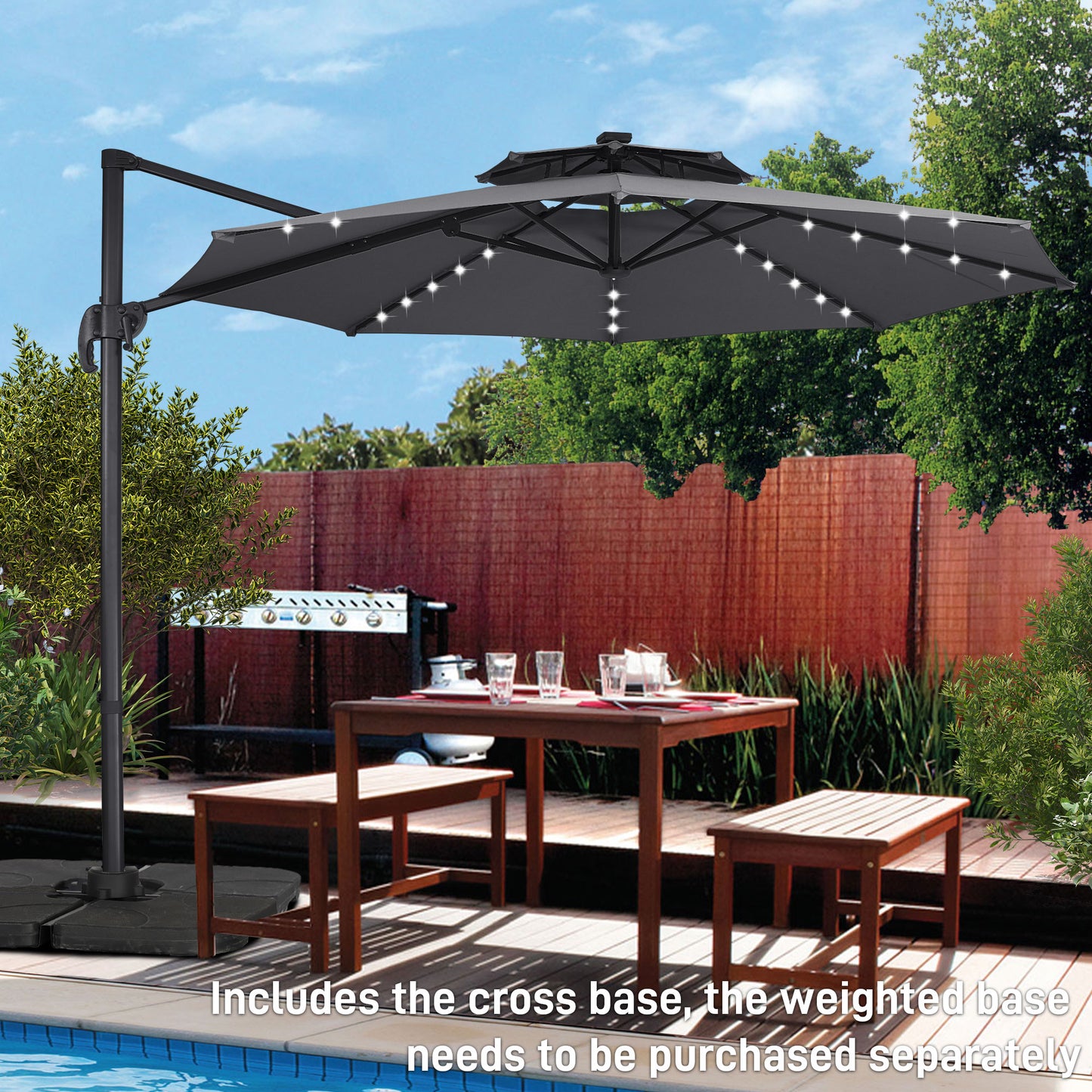 Autlaycil 10 FT Aluminum Offset Outdoor Cantilever Umbrella with Solar Lights, and 360-degree Rotation, 2-Tier Patio Umbrella, Grey