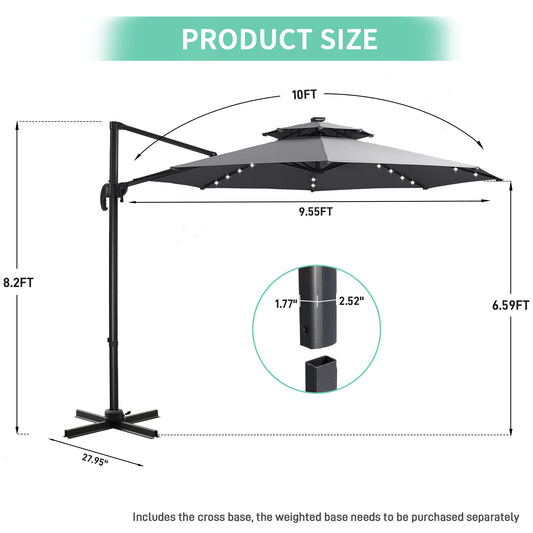 Autlaycil 10 FT Aluminum Offset Outdoor Cantilever Umbrella with Solar Lights, and 360-degree Rotation, 2-Tier Patio Umbrella, Grey