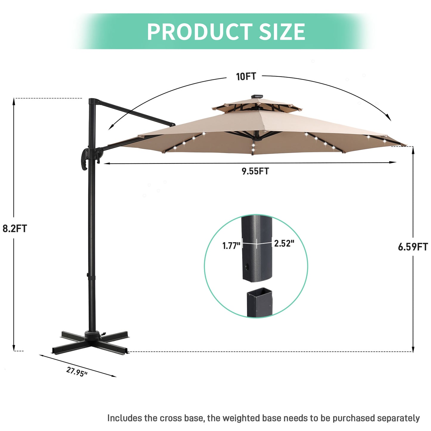 Autlaycil 10 FT Aluminum Offset Outdoor Cantilever Umbrella with Solar Lights, and 360-degree Rotation, 2-Tier Patio Umbrella, Khaki
