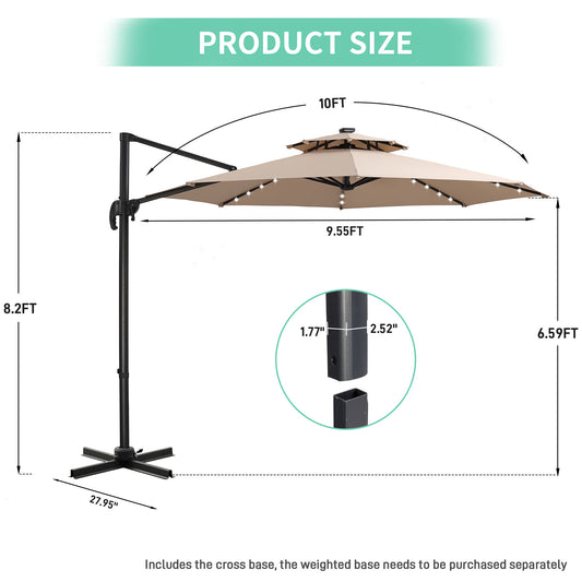 Autlaycil 10 FT Aluminum Offset Outdoor Cantilever Umbrella with Solar Lights, and 360-degree Rotation, 2-Tier Patio Umbrella, Khaki