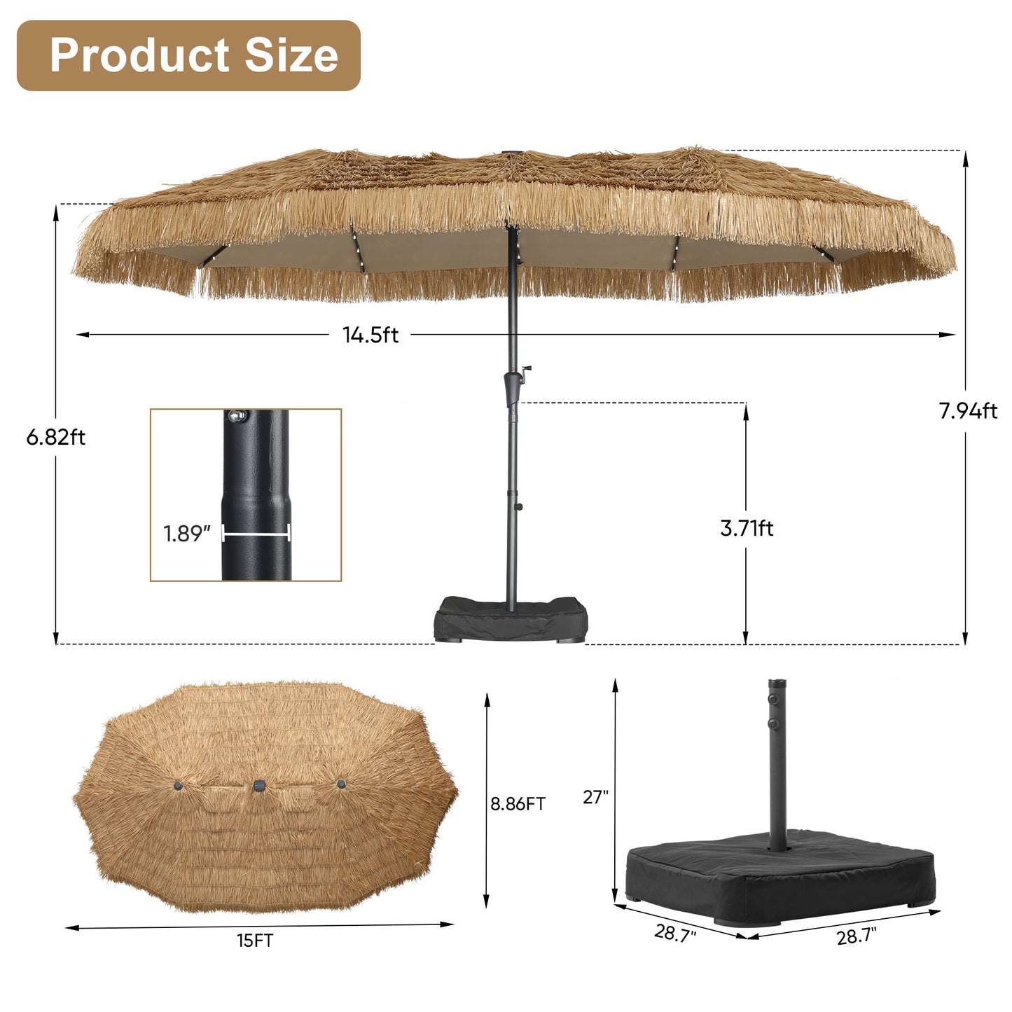 Autlaycil 15 ft Solar Tiki Umbrella with Umbrella Base and Sand Bags, 48 LED Lights, Thatched, Hawaiian, Pool, Patio, Beach