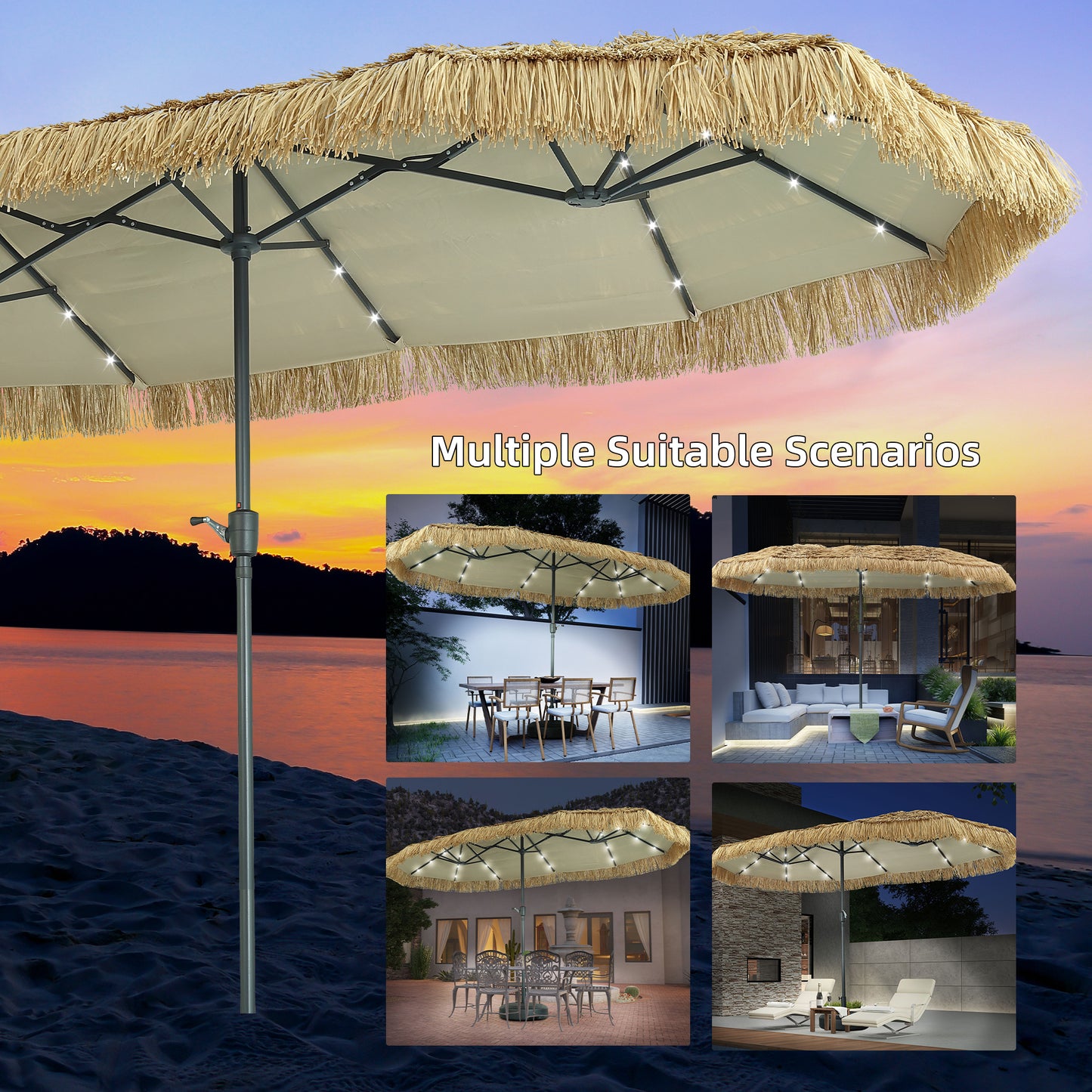 Autlaycil 13 ft Hula Tiki Patio Umbrella and 36 Lights, Hawaiian Style, Pool, Patio, Beach