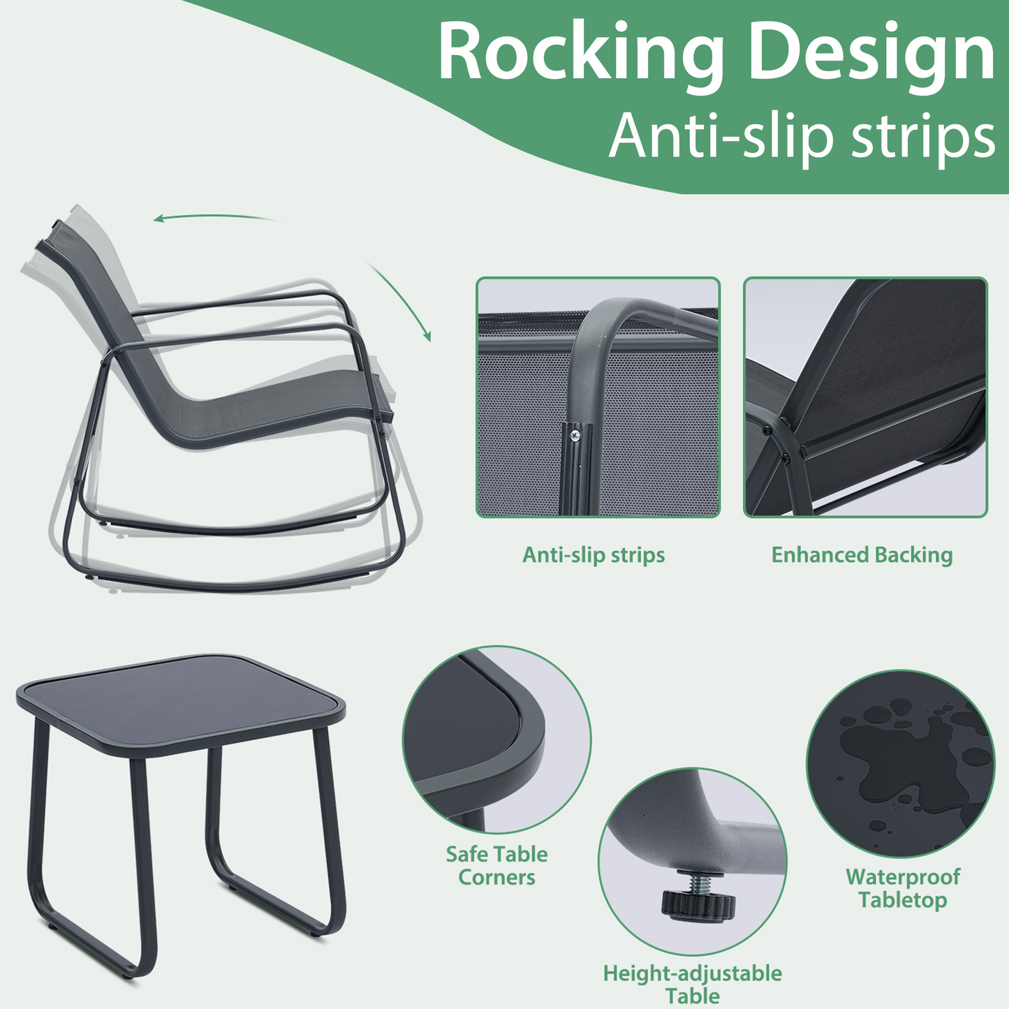 Autlaycil 8 Pcs Patio Outdoor Furniture Sets Contains 4 Textilene Fabric Rocking Bistro Chairs, 2 Tables, 15 ft Solar Patio Tiki Umbrella with Umbrella Base and Sand Bags