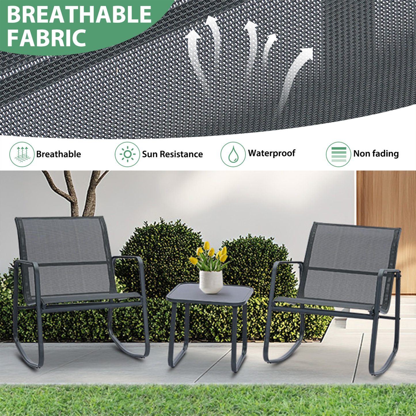 Autlaycil 8 Pcs Patio Outdoor Furniture Sets Contains 4 Textilene Fabric Rocking Bistro Chairs, 2 Tables, 15 ft Solar Patio Tiki Umbrella with Umbrella Base and Sand Bags