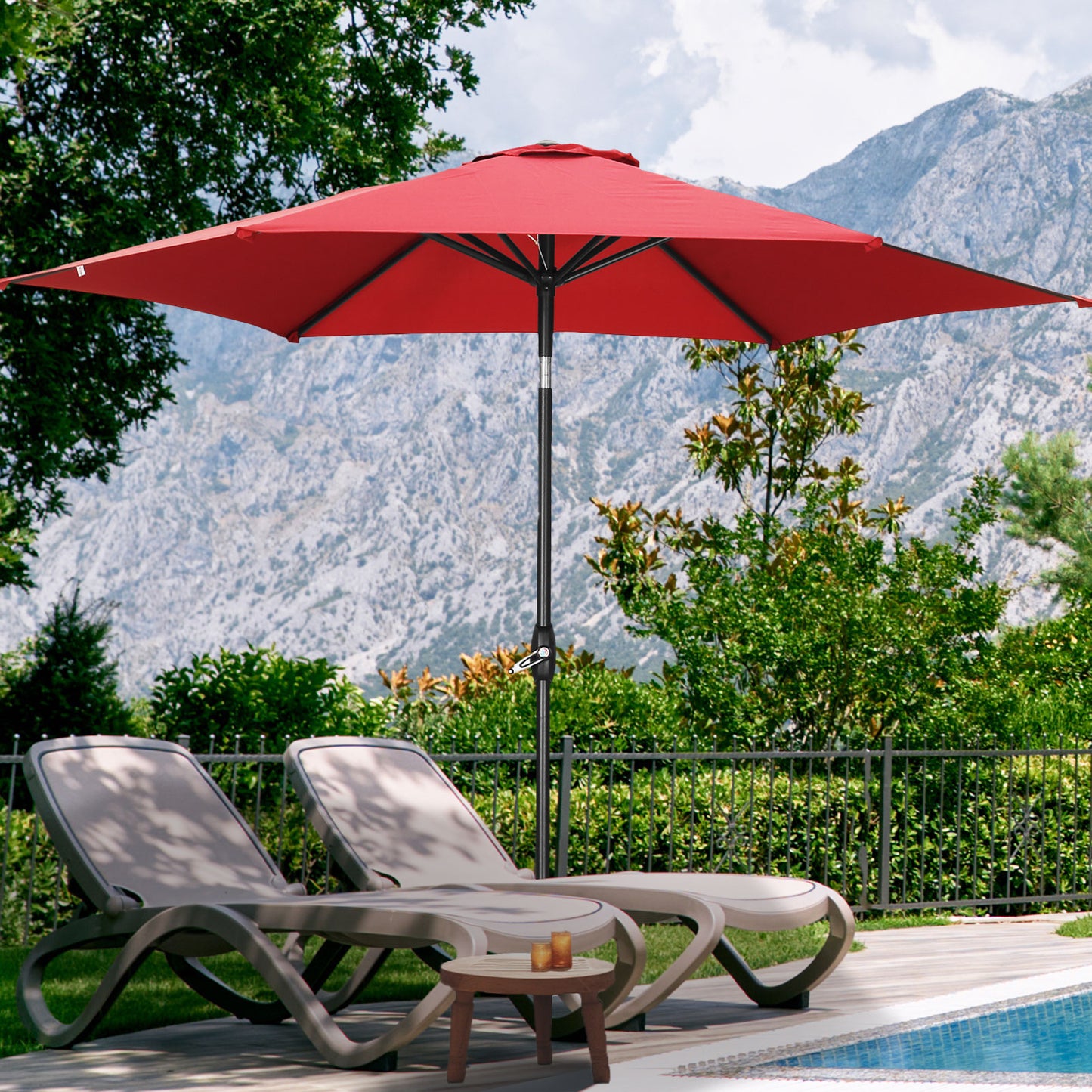 Autlaycil 9ft Outdoor Patio Umbrella 6 Ribs with Tilt and Crank Patio Table Umbrella, Red