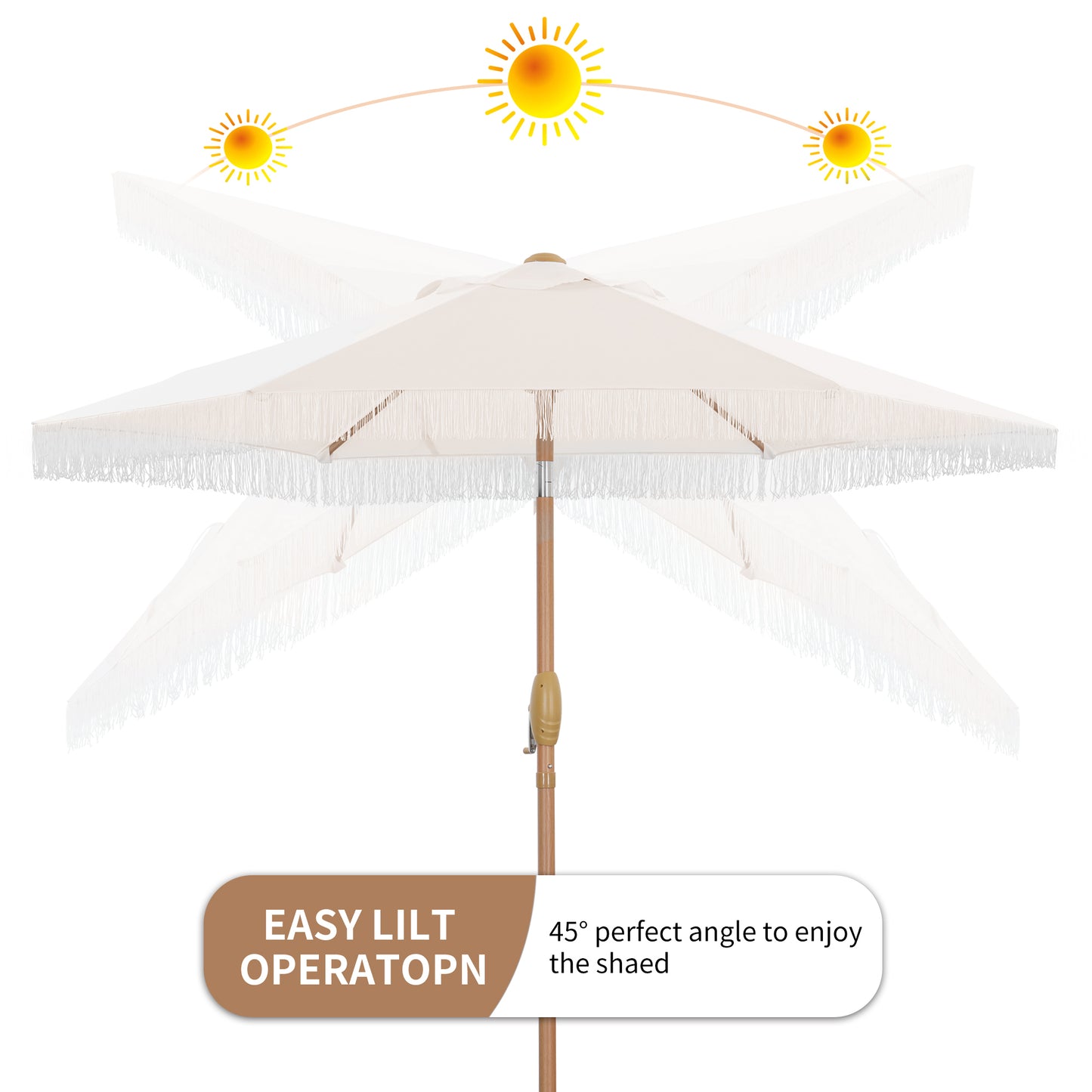 Autlaycil 7.5 ft Patio Umbrella with Fringe, Beach Pool and Yard with Umbrella Base, Beige