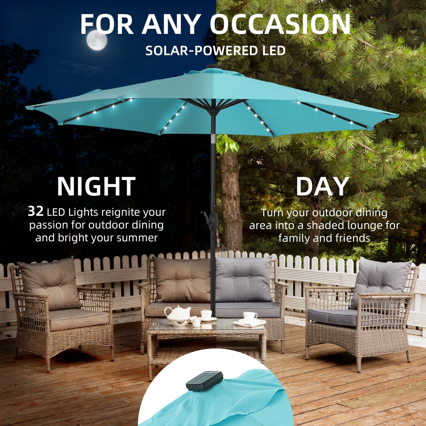 Autlaycil 10 ft Solar Patio Umbrellas and Base, with 32 Lights for Market Outdoor Pool, Steel Tilt Crank-Blue