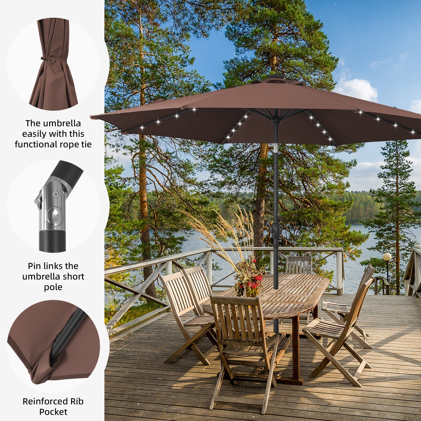 Autlaycil 10 ft Solar Patio Umbrellas and Base, with 32 Lights for Market Outdoor Pool, Steel Tilt Crank-Coffee