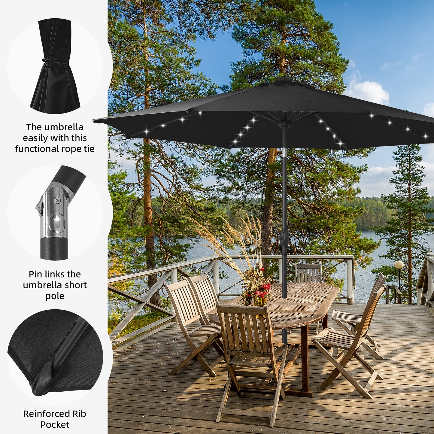 Autlaycil 10 ft Solar Patio Umbrellas and Base, with 32 Lights for Market Outdoor Pool, Steel Tilt Crank-Dark Black