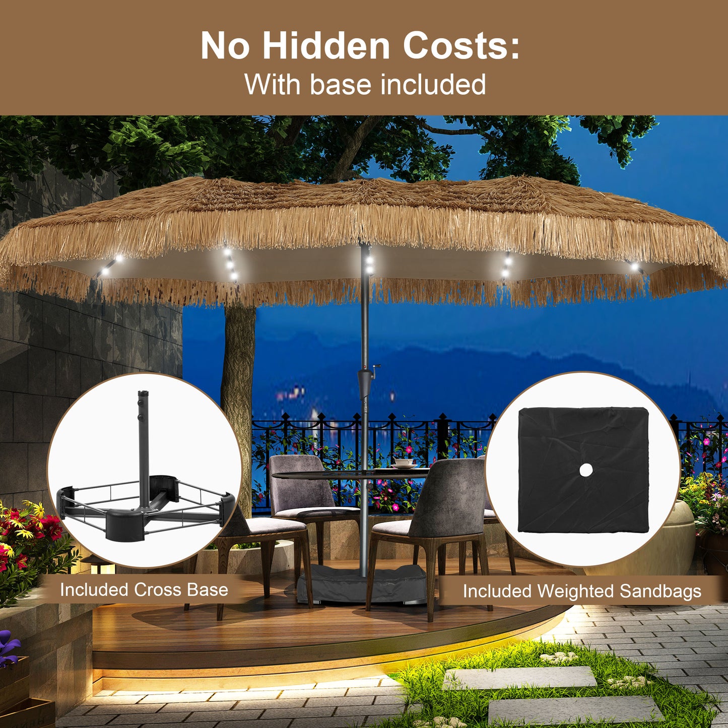 Autlaycil 8 Pcs Patio Outdoor Furniture Sets Contains 4 Wicker Furniture Patio Bistro Chairs, 2 Tables, 15 ft Solar Patio Tiki Umbrella with Umbrella Base and Sand Bags
