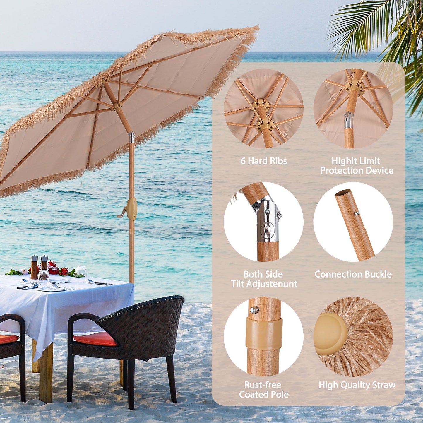 Autlaycil 7.5FT Grass Tiki Patio Umbrella Outdoor Table Umbrella with Push Button Tilt and Crank, Contain Umbrella Base