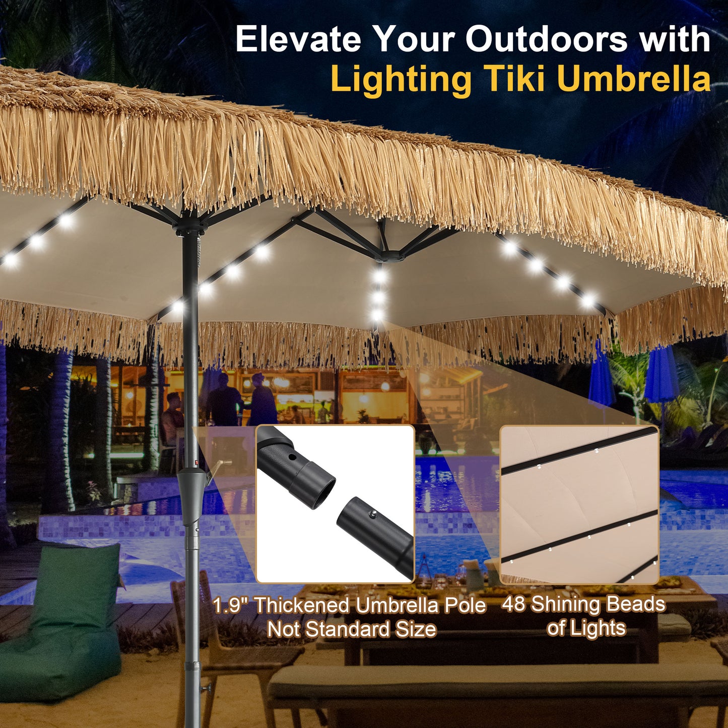 Autlaycil 15 ft Solar Tiki Umbrella with Umbrella Base and Sand Bags, 48 LED Lights, Thatched, Hawaiian, Pool, Patio, Beach