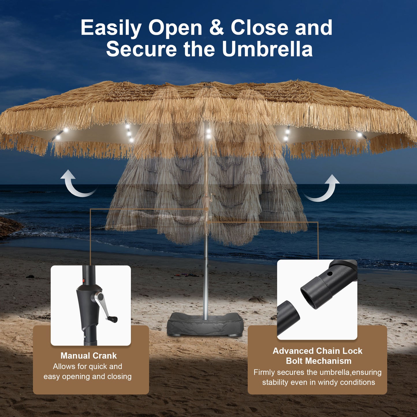 Autlaycil 15 ft Solar Tiki Umbrella with Umbrella Base and Sand Bags, 48 LED Lights, Thatched, Hawaiian, Pool, Patio, Beach