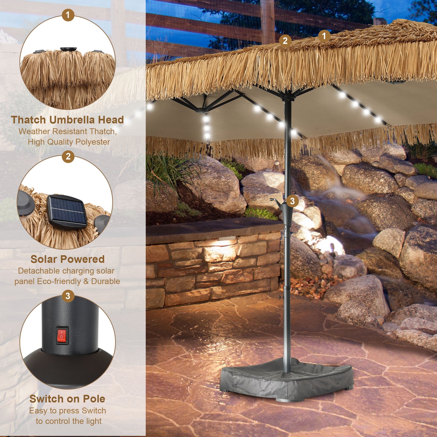 Autlaycil 8 Pcs Patio Outdoor Furniture Sets Contains 4 Wicker Furniture Patio Bistro Chairs, 2 Tables, 15 ft Solar Patio Tiki Umbrella with Umbrella Base and Sand Bags