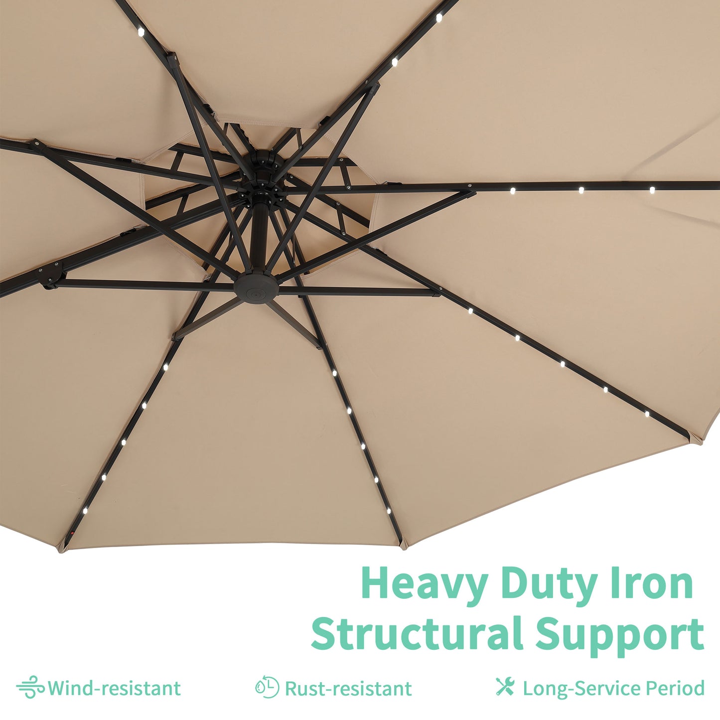 Autlaycil 10 FT Aluminum Offset Outdoor Cantilever Umbrella with Solar Lights, and 360-degree Rotation, 2-Tier Patio Umbrella, Khaki