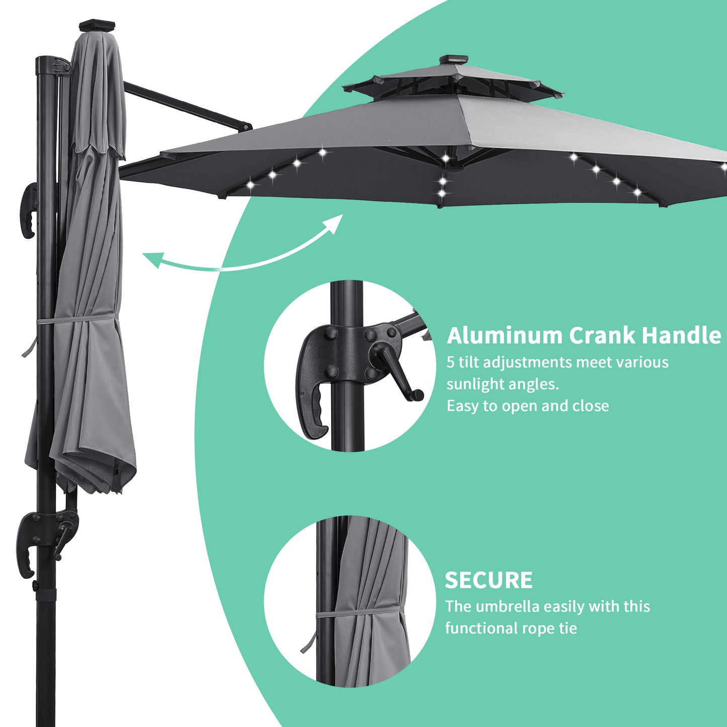 Autlaycil 10 FT Aluminum Offset Outdoor Cantilever Umbrella with Solar Lights, and 360-degree Rotation, 2-Tier Patio Umbrella, Grey