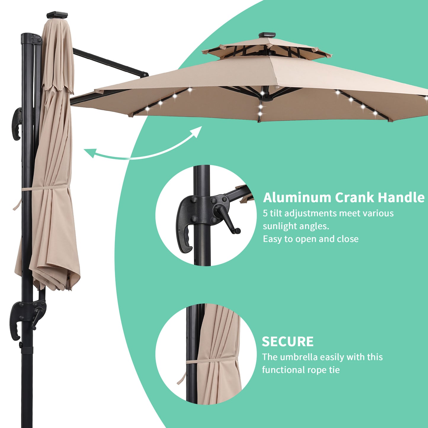 Autlaycil 10 FT Aluminum Offset Outdoor Cantilever Umbrella with Solar Lights, and 360-degree Rotation, 2-Tier Patio Umbrella, Khaki