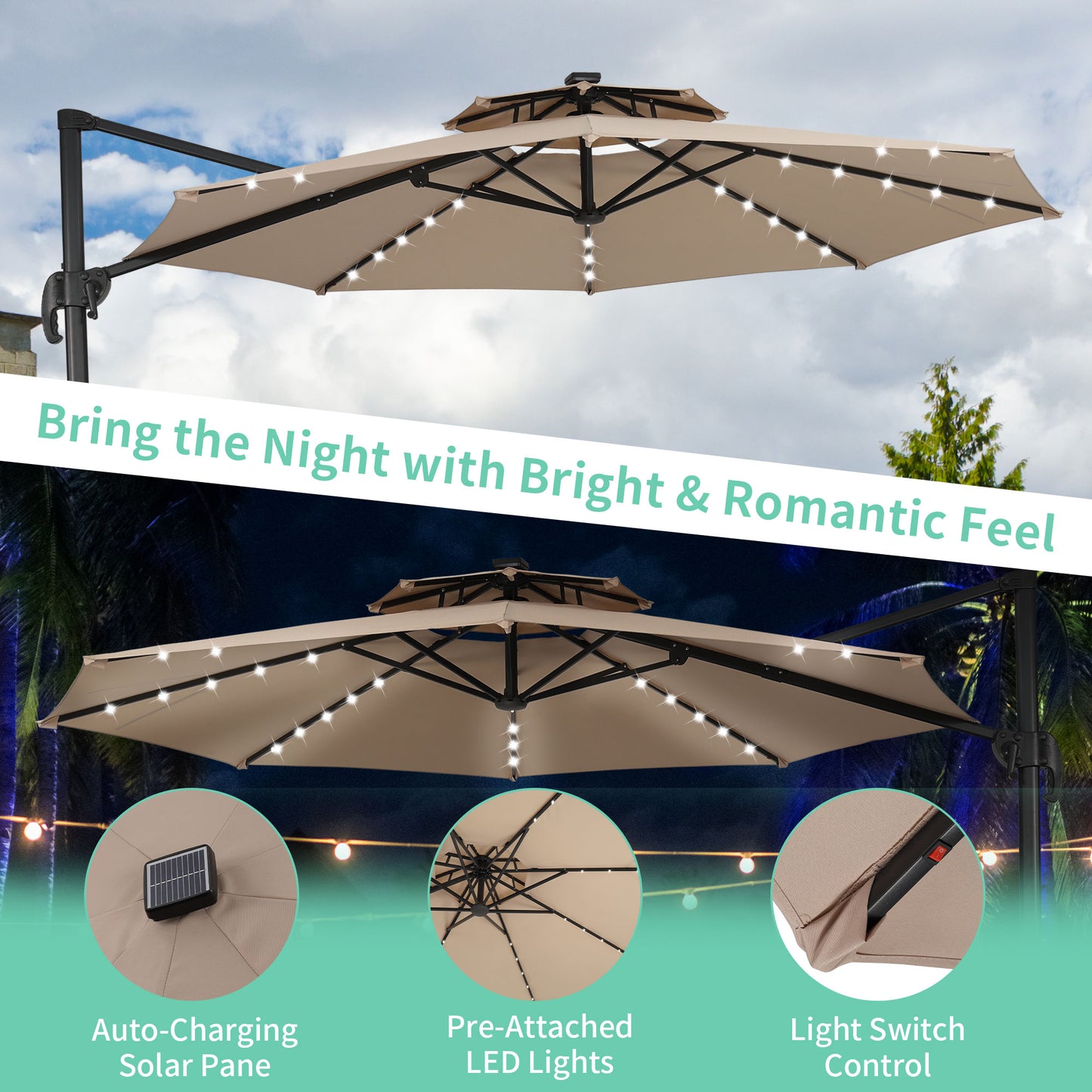 Autlaycil 10 FT Aluminum Offset Outdoor Cantilever Umbrella with Solar Lights, and 360-degree Rotation, 2-Tier Patio Umbrella, Khaki