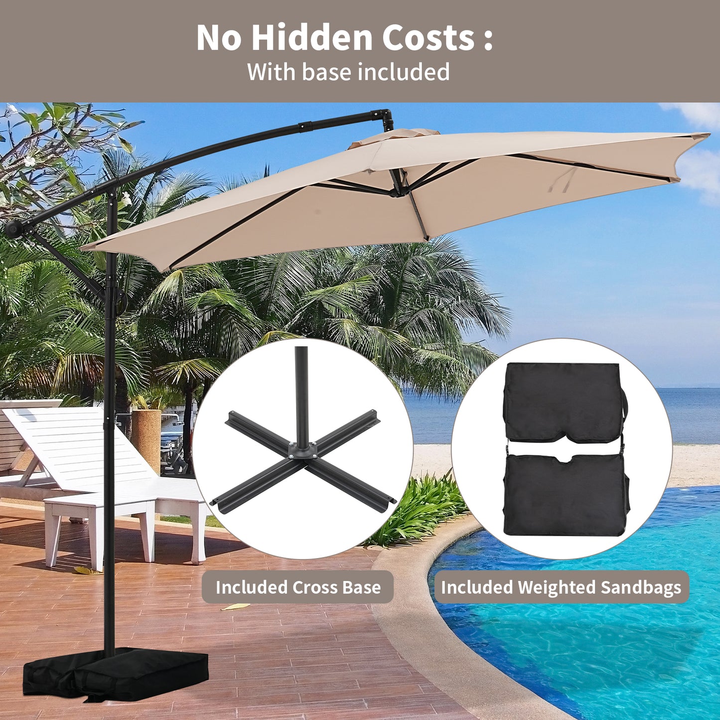 Autlaycil 5 Pcs Patio Outdoor Furniture Sets Contains 2 Wicker Furniture Patio Bistro Chairs, Table, 10 ft Cantilever Umbrella and Cross Base with Sandbag, Khaki