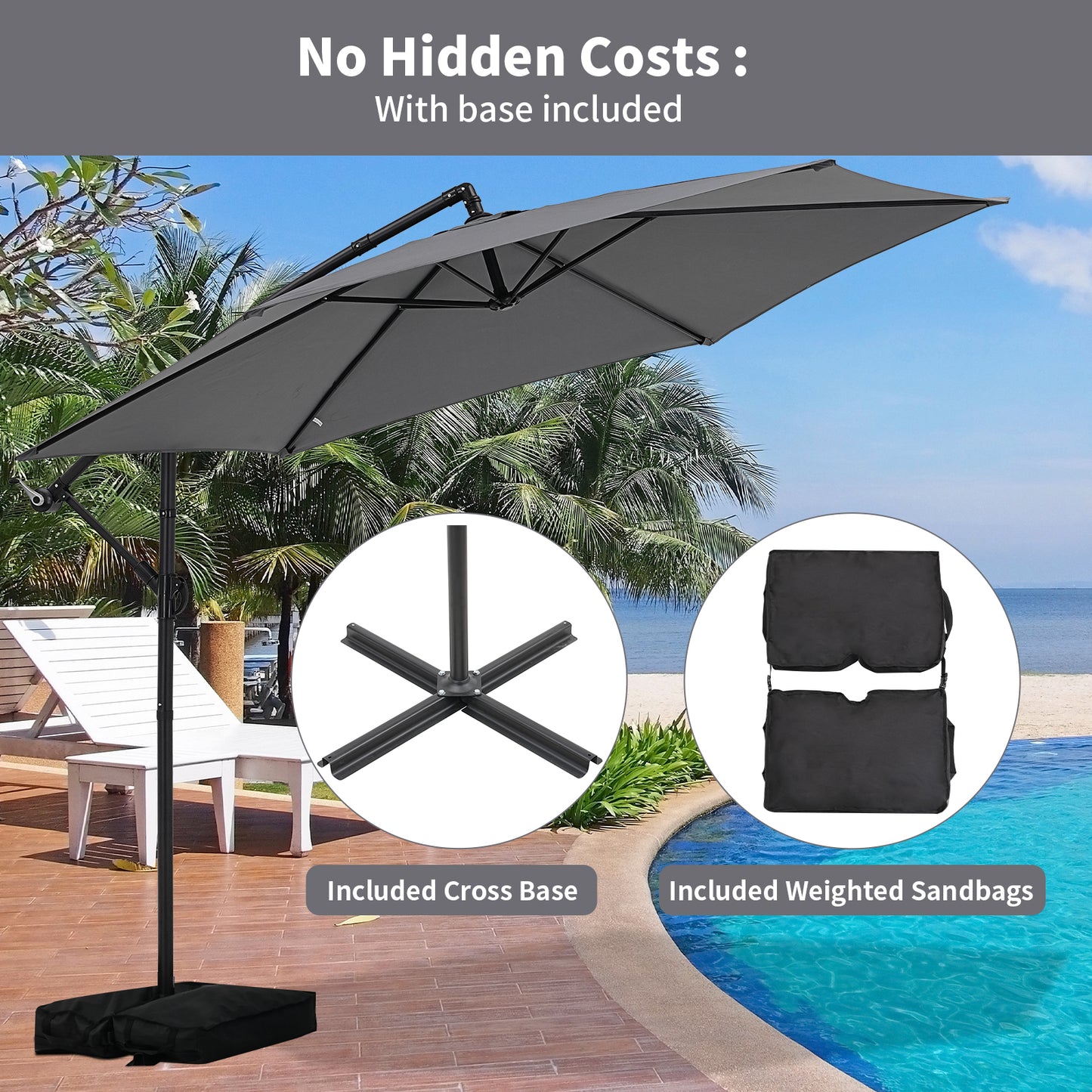 Autlaycil 5 Pcs Patio Outdoor Furniture Sets Contains 2 Wicker Furniture Patio Bistro Chairs, Table, 10 ft Cantilever Umbrella and Cross Base with Sandbag, Grey