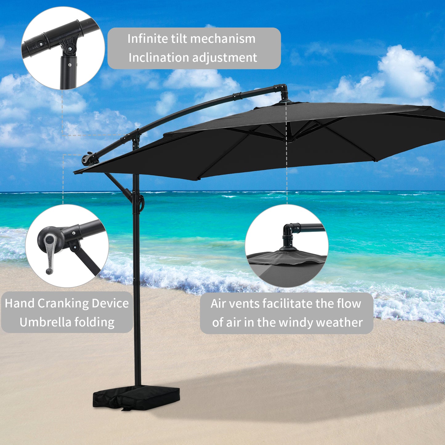 Autlaycil 10FT Cantilever Patio Umbrella, Hanging Offset Umbrella with Umbrella Stand, Black