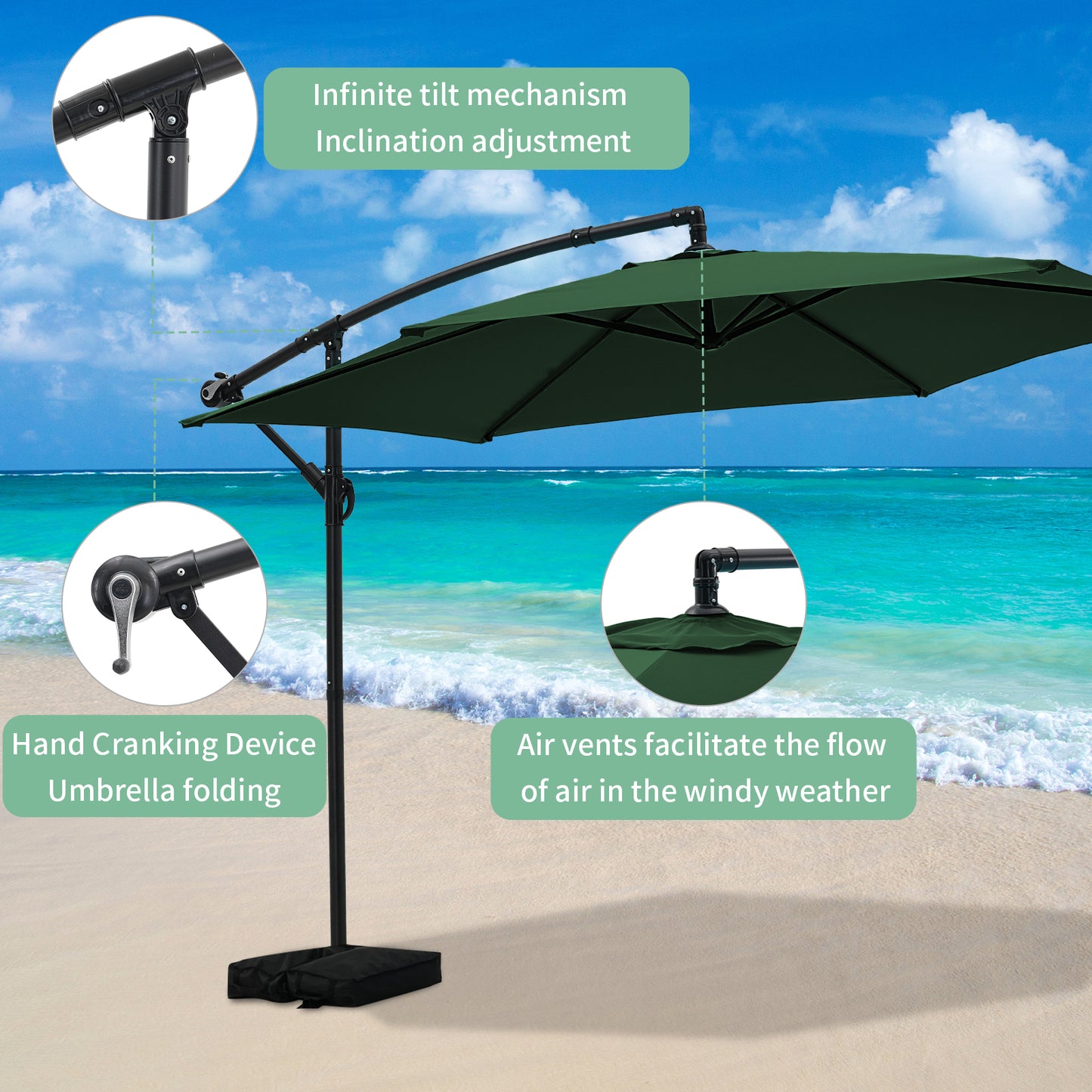 Autlaycil 10FT Cantilever Patio Umbrella, Hanging Offset Umbrella with Umbrella Stand, Green