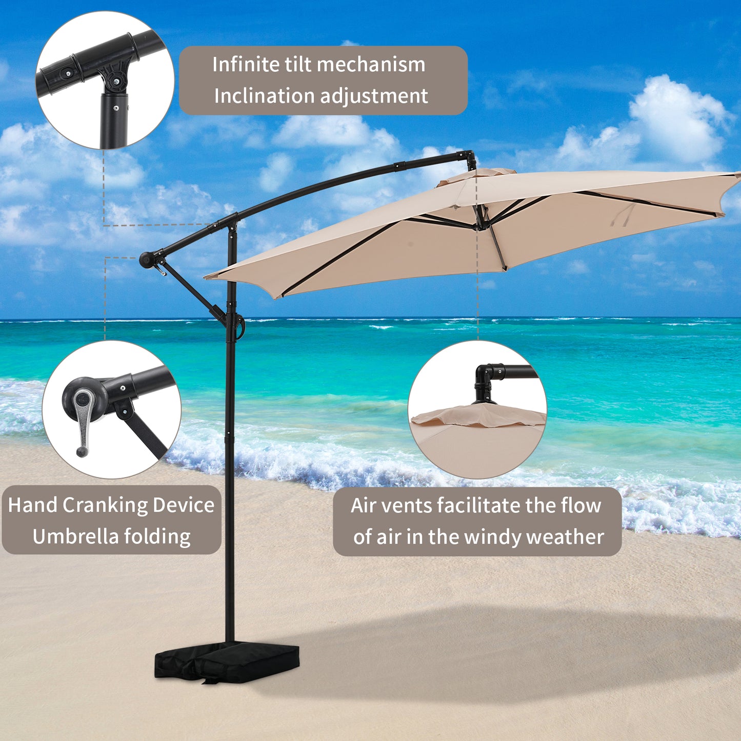 Autlaycil 5 Pcs Patio Outdoor Furniture Sets Contains 2 Wicker Furniture Patio Bistro Chairs, Table, 10 ft Cantilever Umbrella and Cross Base with Sandbag, Khaki