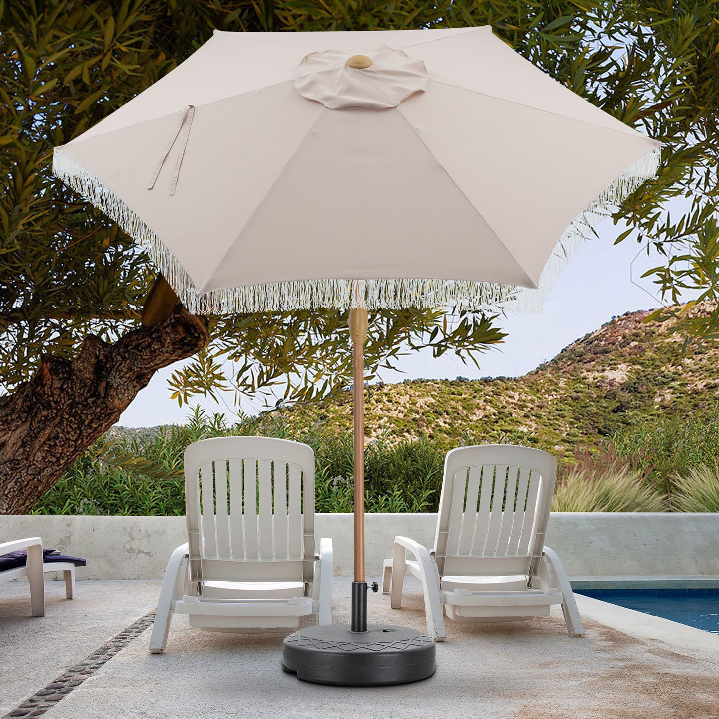 Autlaycil 7.5 ft Fringe Patio Umbrella and Umbrella Base for Beach, Pool, Adjustable Outdoor Market Umbrellas (Khaki)