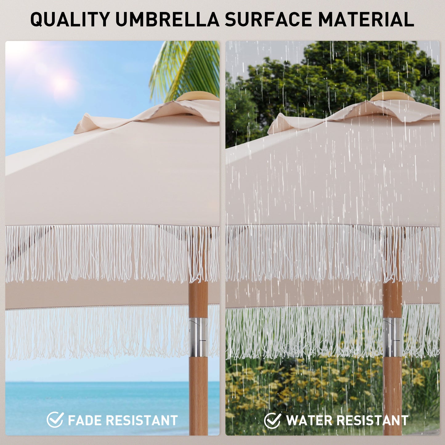 Autlaycil 7.5 ft Fringe Patio Umbrella and Umbrella Base for Beach, Pool, Adjustable Outdoor Market Umbrellas (Khaki)