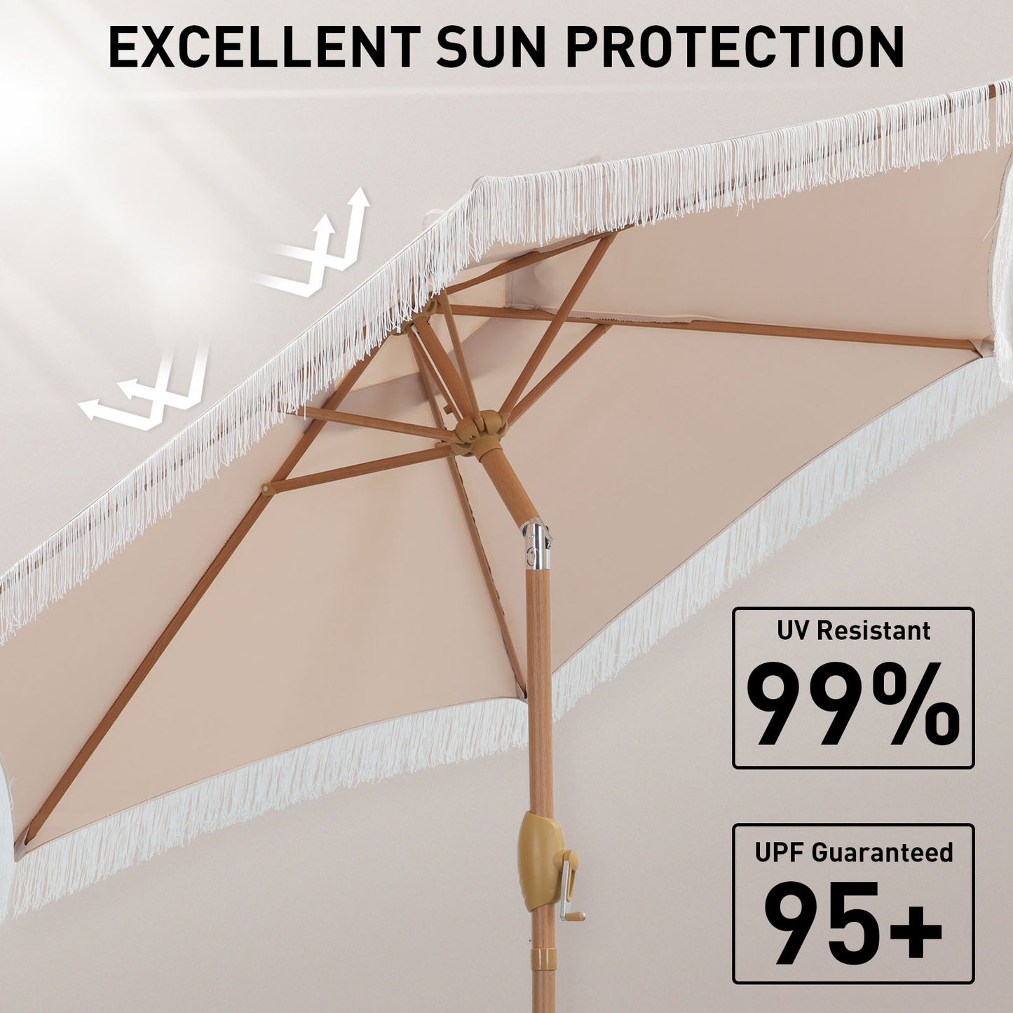 Autlaycil 7.5 ft Fringe Patio Umbrella and Umbrella Base for Beach, Pool, Adjustable Outdoor Market Umbrellas (Khaki)