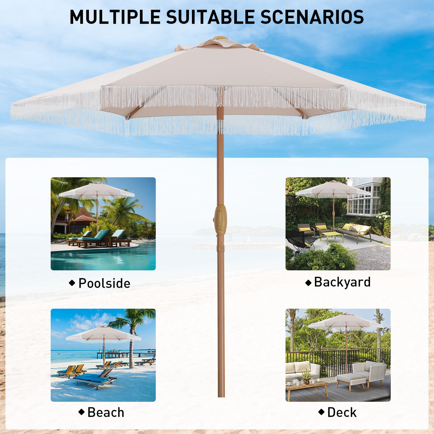 Autlaycil 7.5 ft Fringe Patio Umbrella for Beach, Pool, Adjustable Outdoor Market Umbrellas,Tassel Stylish (Khaki)