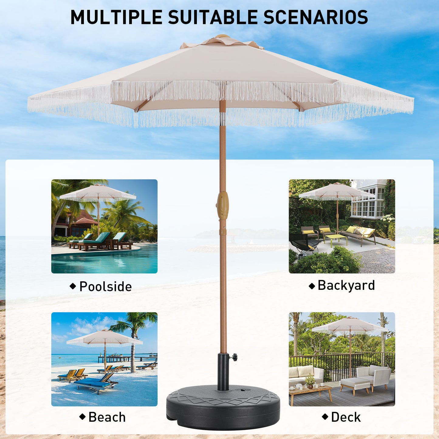 Autlaycil 7.5 ft Fringe Patio Umbrella and Umbrella Base for Beach, Pool, Adjustable Outdoor Market Umbrellas (Khaki)