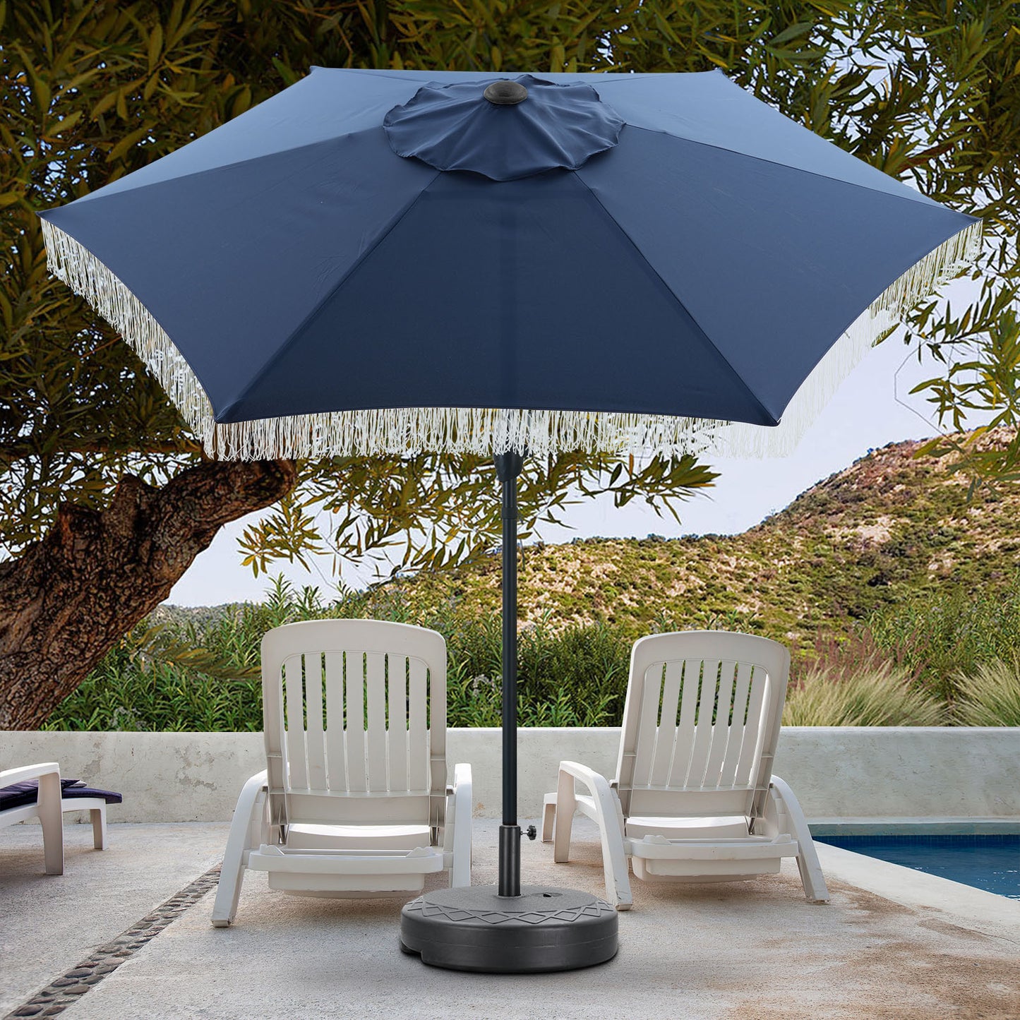 Autlaycil 7.5 ft Fringe Patio Umbrella and Umbrella Base for Beach, Pool, Adjustable Outdoor Market Umbrellas (Navy BLue)