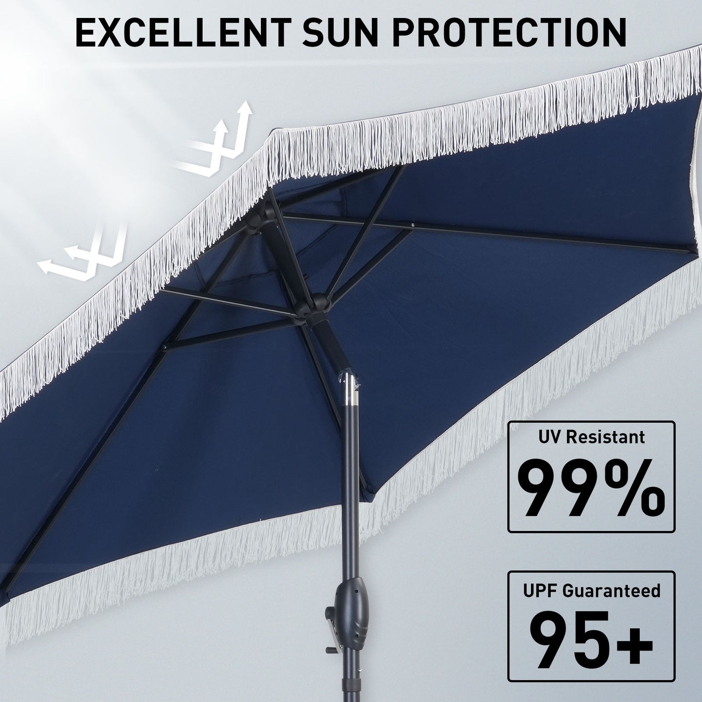 Autlaycil 7.5 ft Fringe Patio Umbrella and Umbrella Base for Beach, Pool, Adjustable Outdoor Market Umbrellas (Navy BLue)