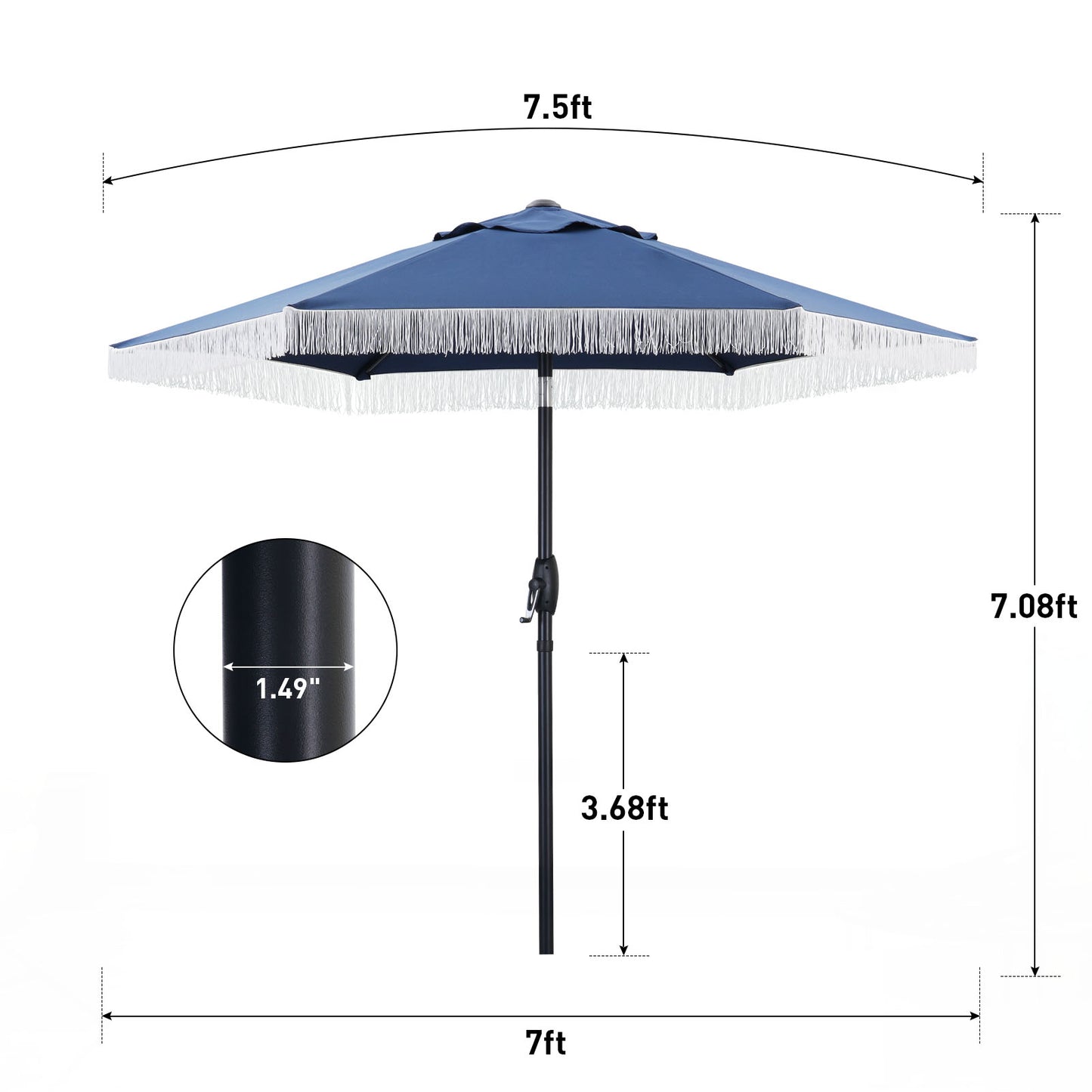 Autlaycil 7.5 ft Fringe Patio Umbrella and Umbrella Base for Beach, Pool, Adjustable Outdoor Market Umbrellas (Navy BLue)