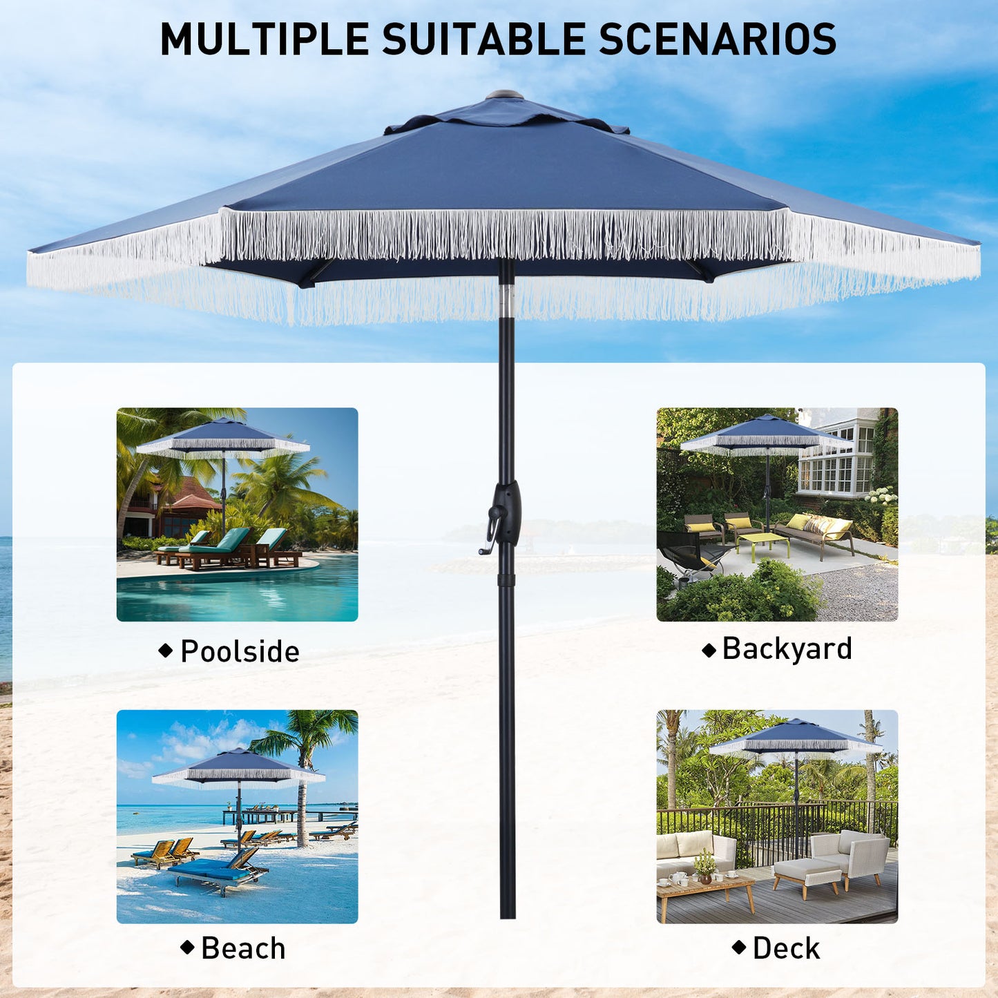 Autlaycil 7.5 ft Fringe Patio Umbrella for Beach, Pool, Adjustable Outdoor Market Umbrellas,Tassel Stylish (Navy Blue)