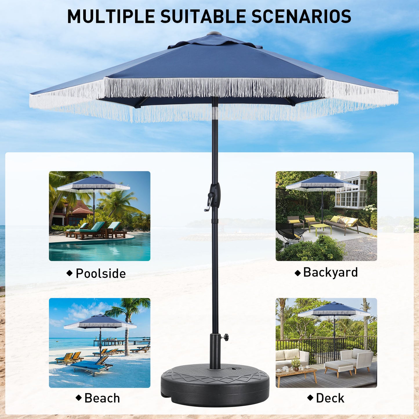 Autlaycil 7.5 ft Fringe Patio Umbrella and Umbrella Base for Beach, Pool, Adjustable Outdoor Market Umbrellas (Navy BLue)