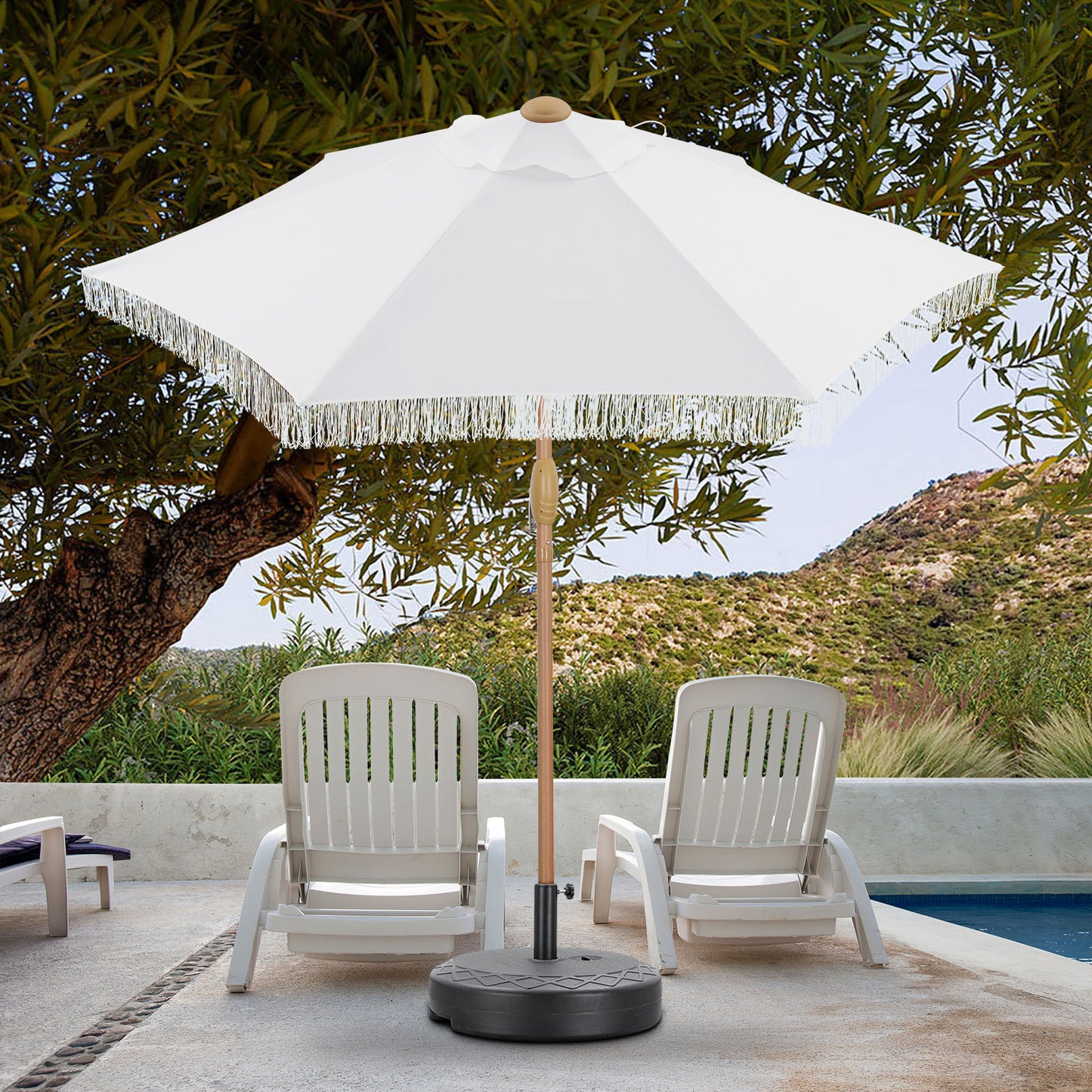 Autlaycil 7.5 ft Fringe Patio Umbrella and Umbrella Base for Beach, Pool, Adjustable Outdoor Market Umbrellas (White)