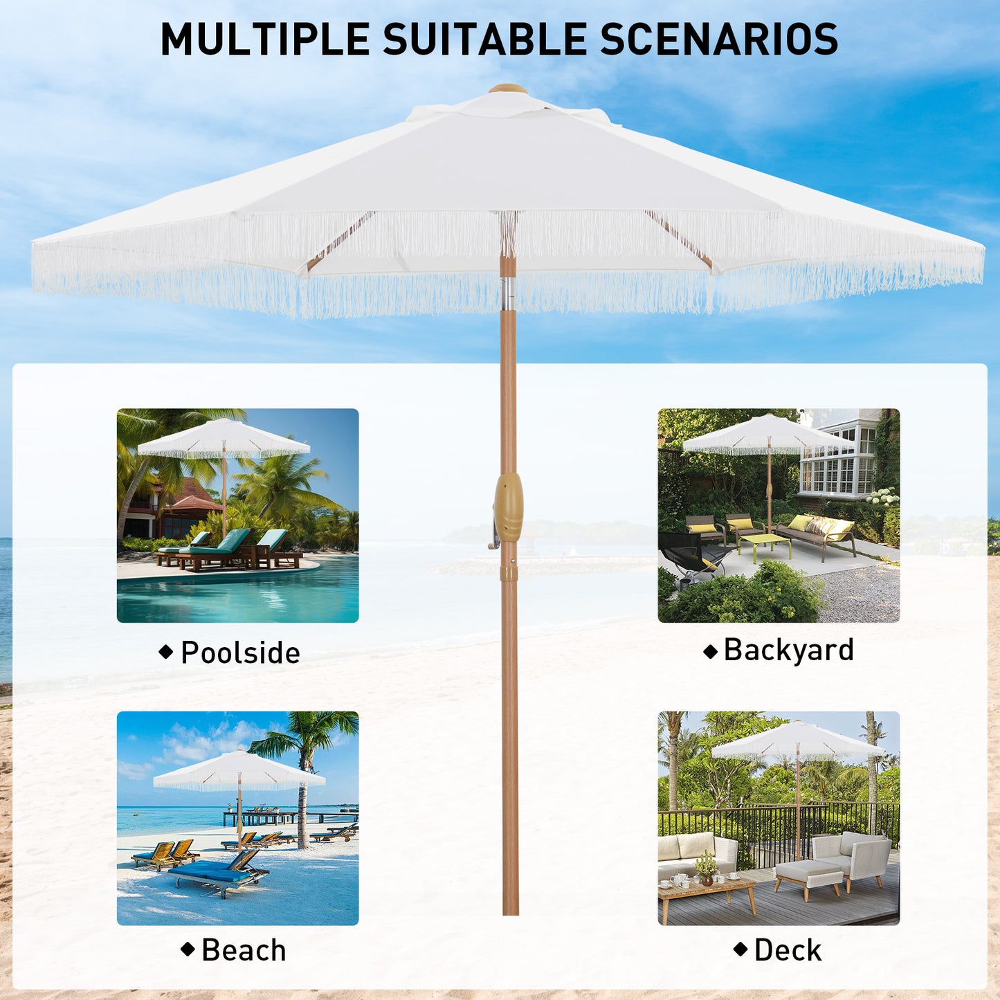 Autlaycil 7.5 ft Fringe Patio Umbrella for Beach, Pool, Adjustable Outdoor Market Umbrellas,Tassel Stylish (White)
